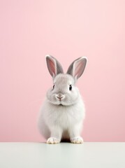 Fototapeta premium A white rabbit sits atop a wooden table, its ears perked up as if listening attentively.