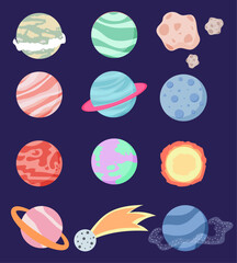 Set of cartoon planets. Collection of colorful planets with colored background for web, games, UI, mobile, app, blog, poster, print, childern, books, decor and more. Space vector illustration