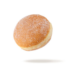 Single fresh baked donut sprinkled with sugar powder flying isolated on white background.