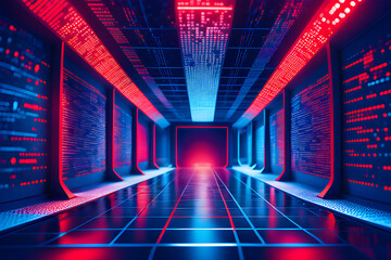 AI - abstract Artificial Intelligence background in blue binary code arranged in room road tunnel future shape with red blue lettering vibrant color