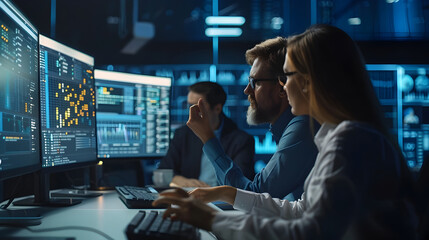 Businesspeople Using Computers in a Dark Room for Financial Technology