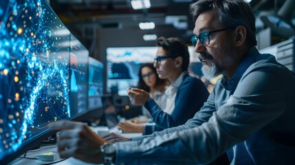 Team of Professionals Collaborating in a Computer Control Room