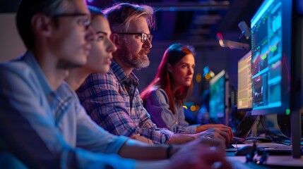 Group of Professionals Collaborating at Computer Screens with Glowing Lights