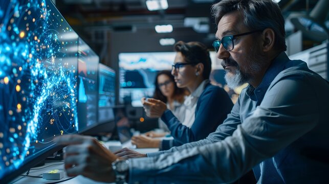 Team of Professionals Collaborating in a Computer Control Room