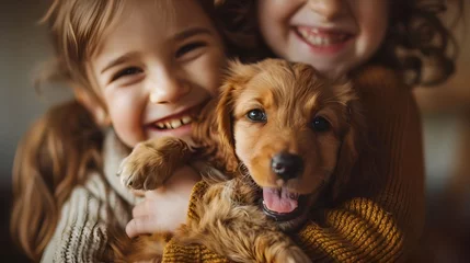 Foto op Plexiglas Little Girls Smiling and Hugging their Brown Puppy © basiczto