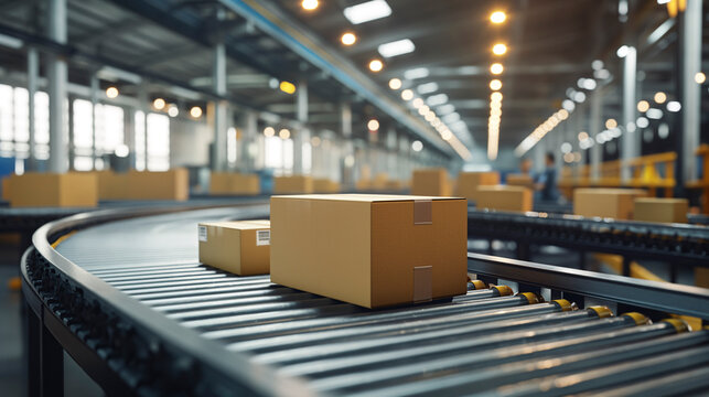 Caja de cartón en cinta transportadora de almacén logístico