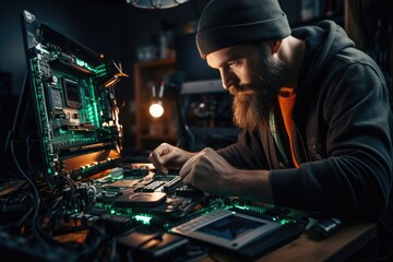 Technician repairing a laptop in the lab. Concept of repair computer, electronic, upgrade, technology. Focused man at a desk repairing a computer motherboard, surrounded by electronic components - obrazy, fototapety, plakaty