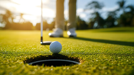 Man is putting golf into the hole, closeup where the golf ball is about to enter the hole, blurred background