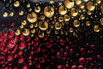 Black texture with porous gold and red circles - obrazy, fototapety, plakaty
