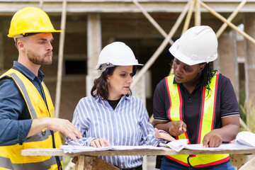 Team of construction contractor talking - discussing about the building plan together at...