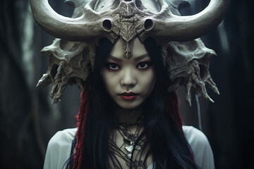 Digital creative collage generative ai image od dark witch with beast skull doing black magic - obrazy, fototapety, plakaty
