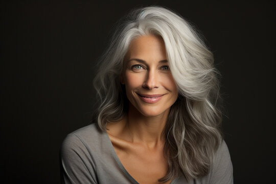 Generative IA technology illustration amazing aged smiling woman on grey background