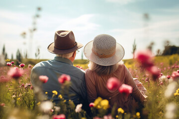 Creative Generative AI technology picture of happy people surrounded by spring blossom enjoying great day