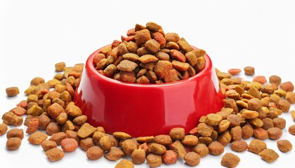 Dry pet food in red plastic bowl isolated on white background. Animal nutrition