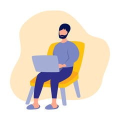 Man working at home on laptop. Flat illustration