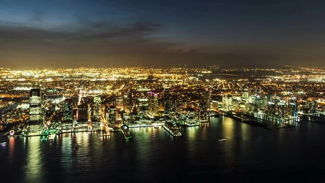 Time Lapse- Aerial View of Jersey City Skyline and the Hudson River at Night