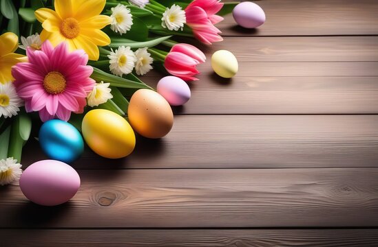 Flowers decorated with and Easter eggs on a wooden background with space for text.