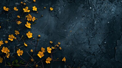 Lot of small yellow flowers on dark stone background
