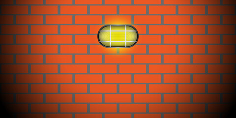 A bright yellow glowing lamp against a background of a wall of red bricks. Background for design, template, vector illustration