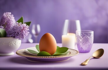 Obraz na płótnie Canvas Beautiful table setting for Easter with egg and flowers on lilac background 
