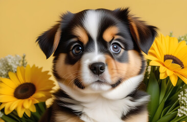 Cute dog and bouquets of flowers on a yellow background. Cover, postcard, congratulation