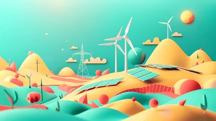Gordijnen Colorful illustration of sustainable energy in a landscape. wind turbines and solar panels in a stylized environment. perfect for eco-friendly concepts. AI © Irina Ukrainets