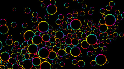 Colorful rainbow random flying glowing circles, spheres or bubbles. Luminous floating balls shine with rainbow colors on black background. Fluorescent circle particles dynamic flow. Vector background