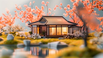 Tranquil japanese-style house amid blooming sakura trees. a scene ideal for relaxation and cultural themes. perfect for backgrounds and wall art. AI