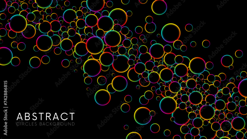 Poster luminous floating balls shine with rainbow colors on black background. colorful rainbow random flyin