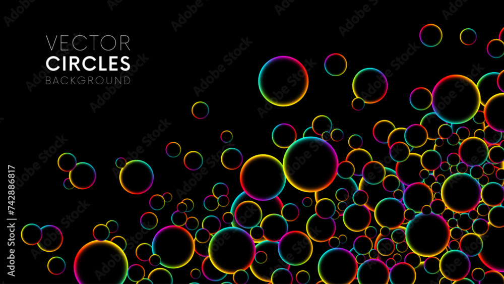Poster colorful rainbow random flying glowing circles, spheres or bubbles. luminous floating balls shine wi