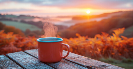 A cup of tea stands on an old wooden table in the morning. Sunrise in nature.