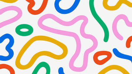 Fun doodle background with abstract figures and shapes in vivid rainbow colors. Colorful minimalistic vector design. Simple childish scribble backdrop. Pop art style.