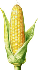 Corncob with leaf. Hand drawn watercolor painting on white background, vector illustration. AI generated illustration.