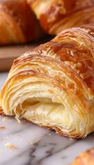 Delicious closeup view of freshly baked french croissant   tasty pastry on display