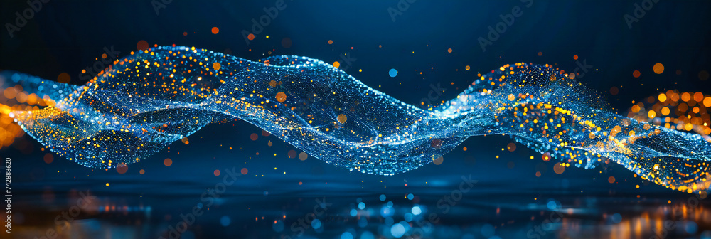 Poster abstract science and technology background, blue light waves and particle flow, concept of digital d