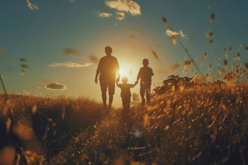 Family with sons silhouettes walks joining hands along  field at summer day with sunlight - Powered by Adobe
