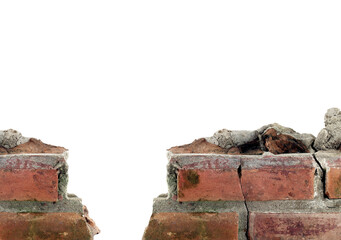 part of ruined red brick wall isolated on transparent with copy space