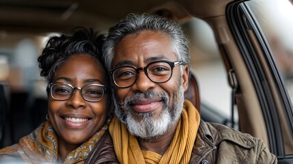 portrait of senior couple in car, an older couple is sitting in a car, the man is driving and the woman is smiling at him.