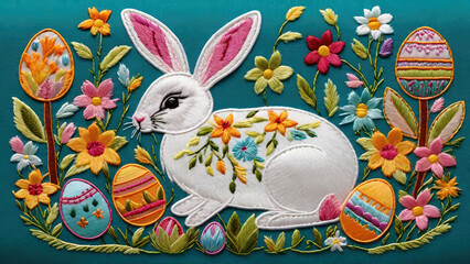 Easter embroidered pattern with easter bunny, colorful eggs, and spring flowers on green blue background. Generative AI 