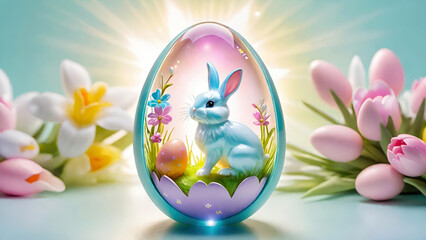 Easter bunny figurine inside of transparent glass shiny easter egg and spring flowers on light background. Festive banner for design.Generative AI - obrazy, fototapety, plakaty