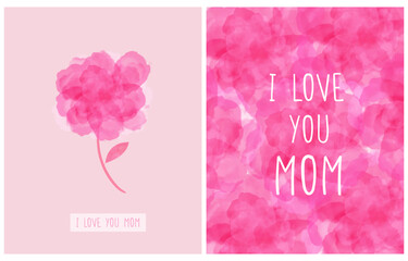 Set of 2 Trendy Hand Drawn Floral Cards for Mother's Day. Vibrant Pink Watercolor Peony Flower on a Pastel Pink Background. Simple White 