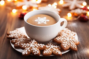 Hot winter drink: chocolate or coffee  with whipped cream in blue mug. Christmas time. - 742890071
