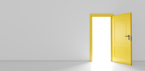 Open the door. Symbol of new career, opportunities, business ventures and initiative. Business concept. 3d render, white light inside open door isolated on white background. Modern minimal concept.