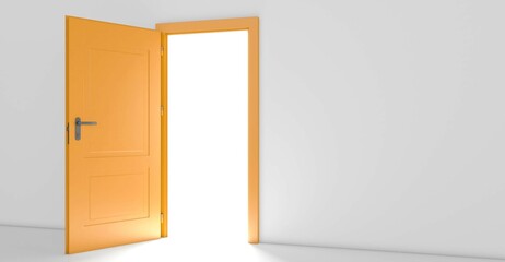 Open the door. Symbol of new career, opportunities, business ventures and initiative. Business concept. 3d render, white light inside open door isolated on white background. Modern minimal concept.