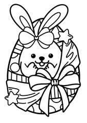 Hand Drawn Easter Egg Outline Illustration, Rabbit in Egg tied with ribbon bow, Easter Egg, Simple black and white line art for coloring