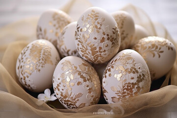 Obraz na płótnie Canvas Exquisite Easter eggs adorned with delicate lace patterns and shimmering pearls, evoking a sense of timeless elegance and sophistication.