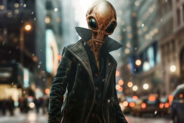 Obraz premium A humanoid alien in modern clothes, on the streets of a big city.
