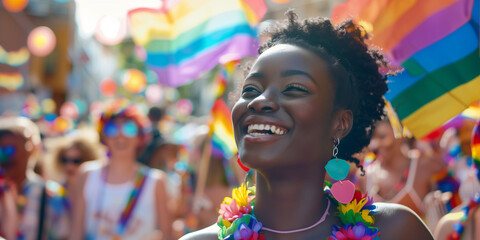 Happy young black woman smiling at the pride parade with lmbtq flags - obrazy, fototapety, plakaty