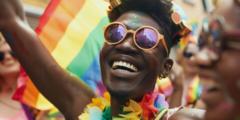 Happy young black man smiling at the pride parade with lmbtq flags - obrazy, fototapety, plakaty