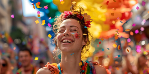 Happy young woman smiling at the pride parade with lmbtq flags confetty - obrazy, fototapety, plakaty